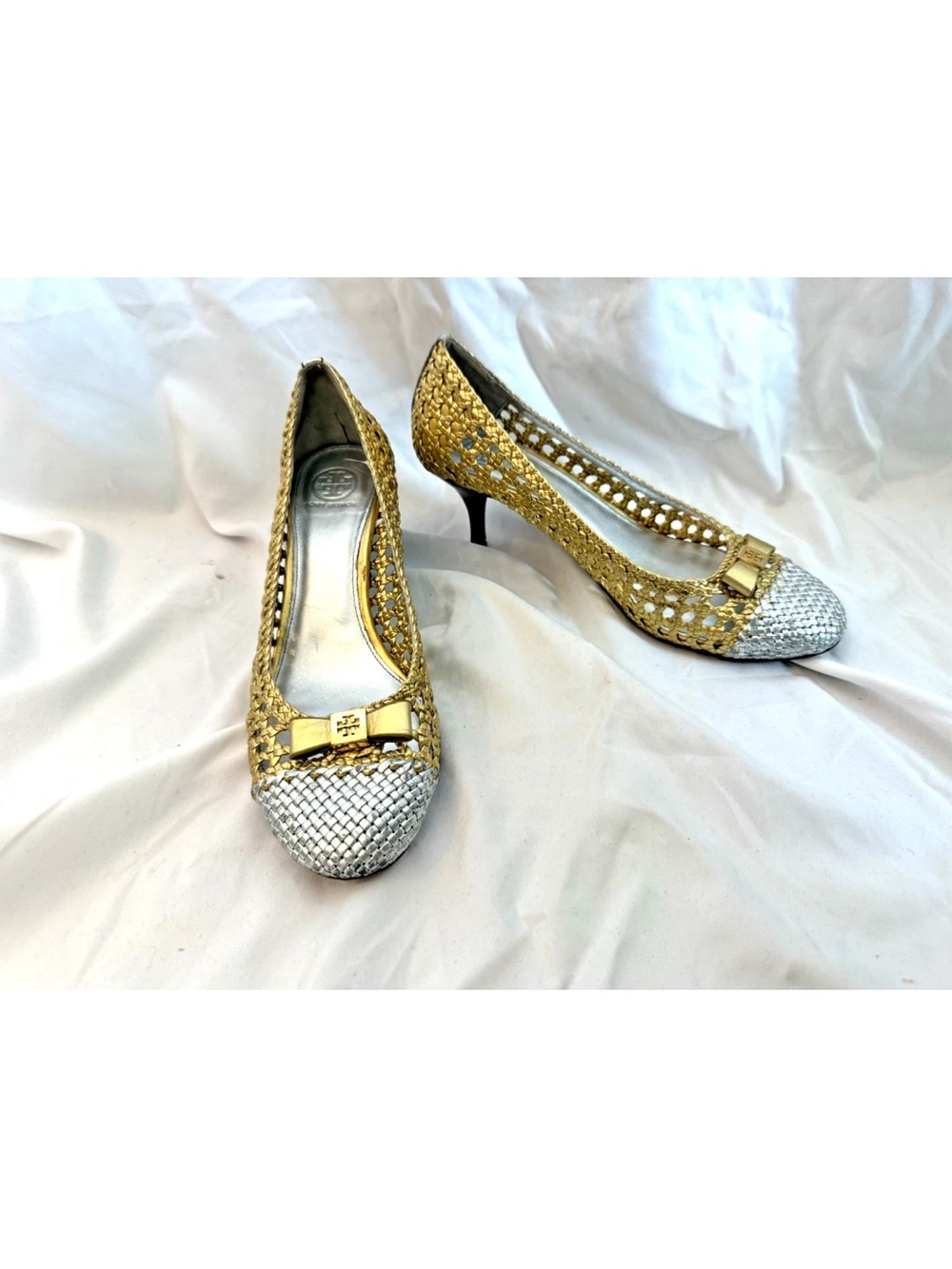 Tory Burch Gold / Silver Caned Low Heels - Size 8.5